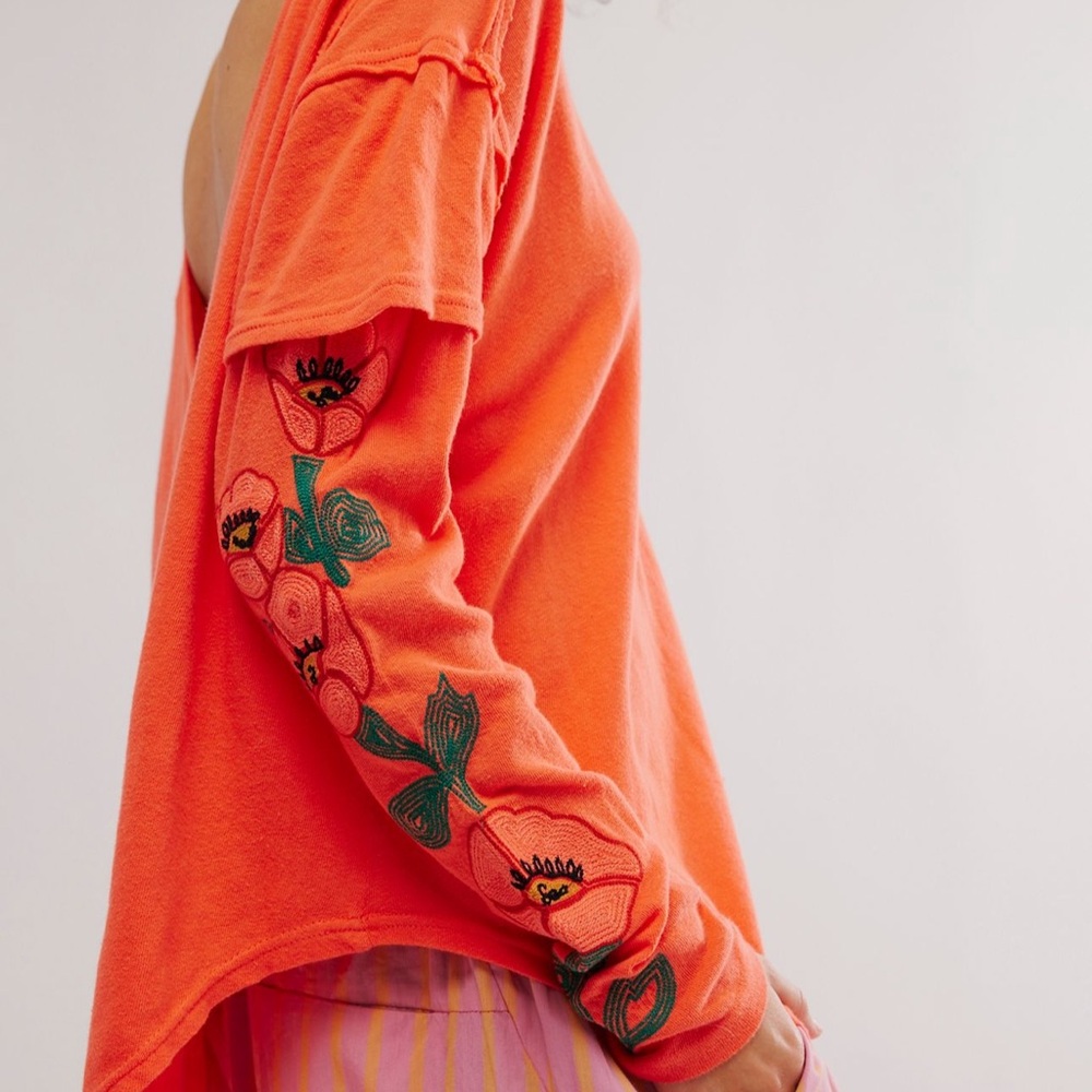 Free People Orange Cotton Embroidered Poppy Flowers Long-Sleeve Tee NWT🔖